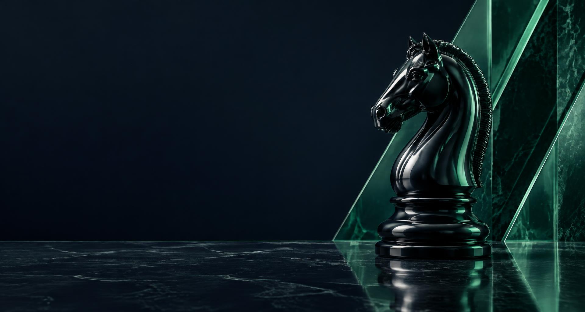 Black chess knight in emerald light